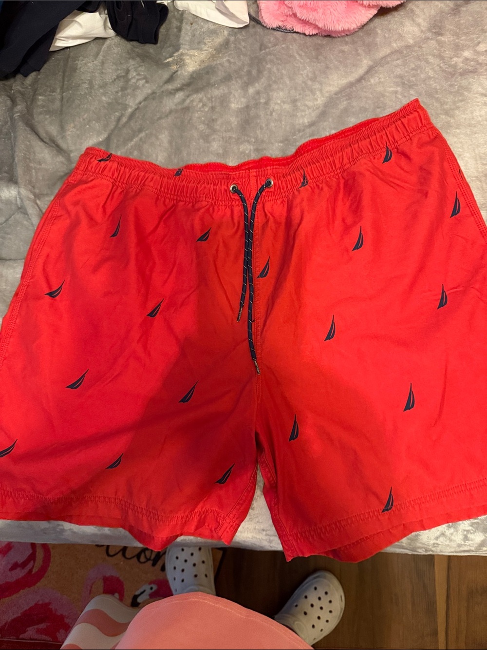 Nautica Red Swim Trunks with Navy Sailboat Motif